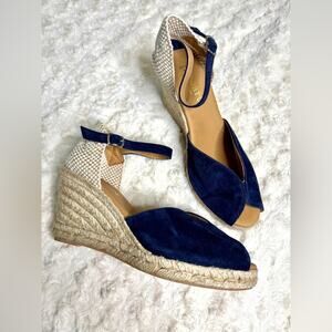 Paseart NEW Navy Suede Wedge Espadrilles Ankle Strap Made in Spain 40 9.5